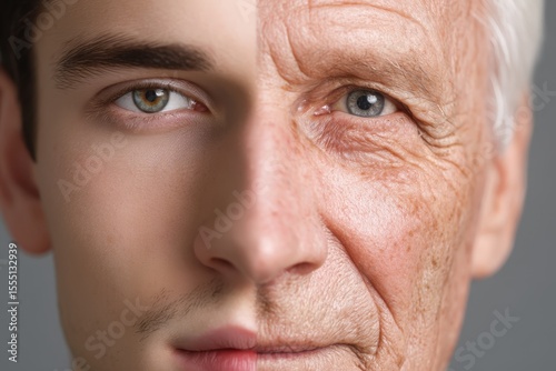 Transformation of youth to age highlighting the passage of time and its effects on the human face