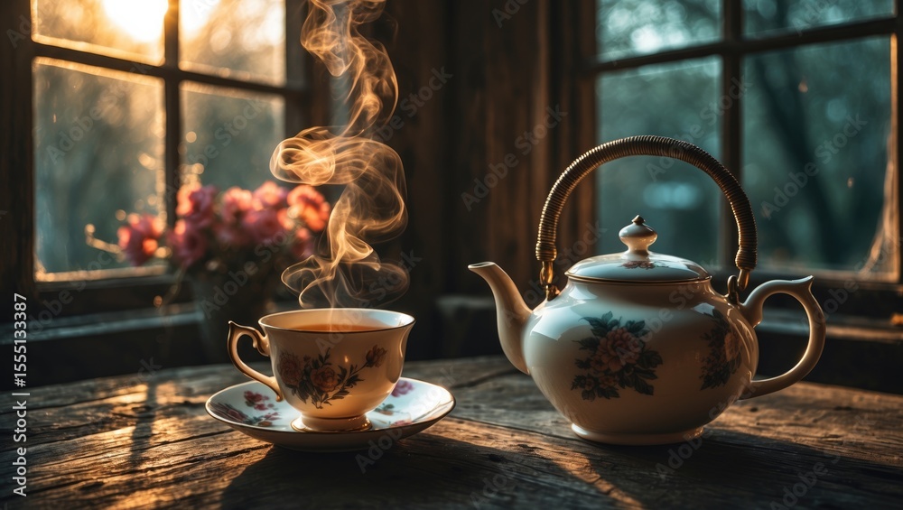 Fototapeta premium A steaming cup of tea with a teapot on a rustic wooden table near a window, sunlight shining through, creating a warm cozy atmosphere.