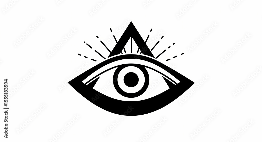 Obraz premium Eye and Triangle Symbol with Radiating Lines Black and White
