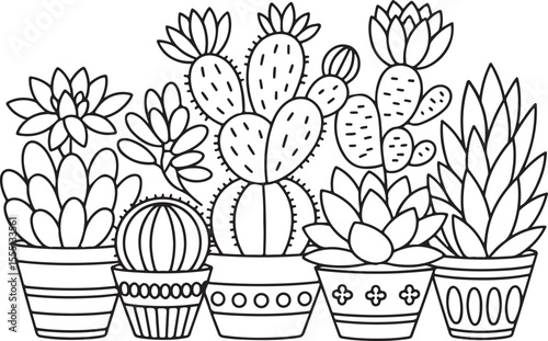 Decorative cactus and succulent plant collection, black and white line art of potted indoor plants with ornamental pots for home decor and garden design