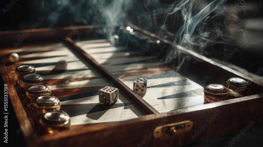 Obraz premium Backgammon game session with moving pieces and dice under warm light