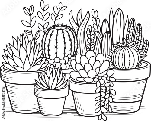 Decorative cactus and succulent plant collection, black and white line art of potted indoor plants with ornamental pots for home decor and garden design