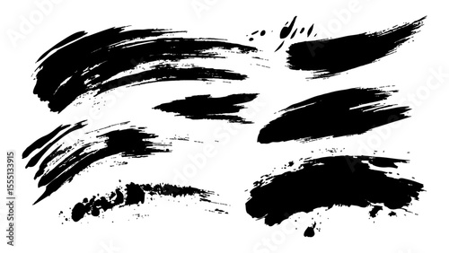 A collection of various black abstract brush strokes on a white background, Black brushstrokes on a white background. 
