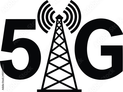 Black 5g symbol with a cell tower transmitting signals