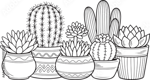 Decorative cactus and succulent plant collection, black and white line art of potted indoor plants with ornamental pots for home decor and garden design