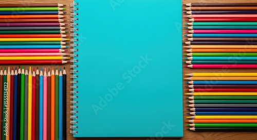 Turquoise notebook surrounded by colorful pencils on wooden surface, vibrant art supplies layout