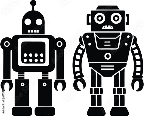 Two retro style black robots standing side by side against white background