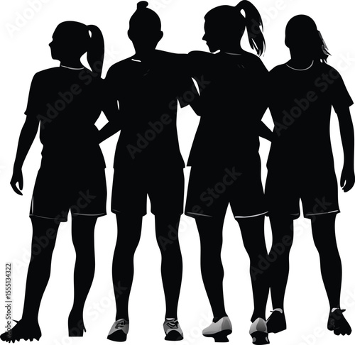 Silhouette of Four Female Soccer Players Standing Together Showing Teamwork Unity and Support Isolated on White Background Illustrating Sportsmanship and Female Empowerment