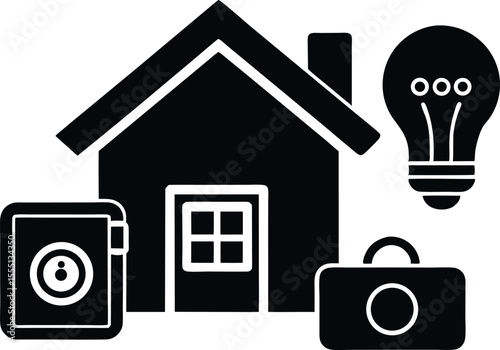 Smart home security and automation icons featuring house camera lightbulb and bag