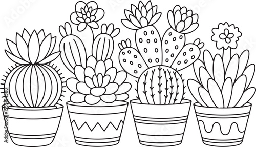 Decorative cactus and succulent plant collection, black and white line art of potted indoor plants with ornamental pots for home decor and garden design