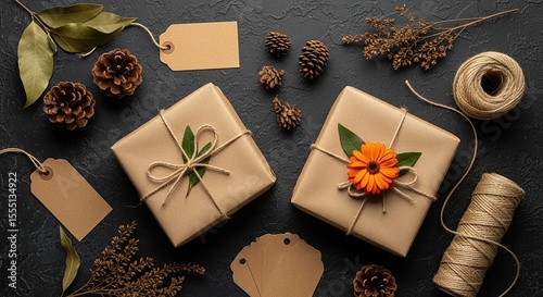 Two wrapped gift boxes with tags, pinecones, and orange flower on dark rustic background with twine