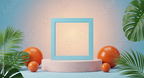 Turquoise frame on pink pedestal with orange spheres and tropical leaves on blue gradient background