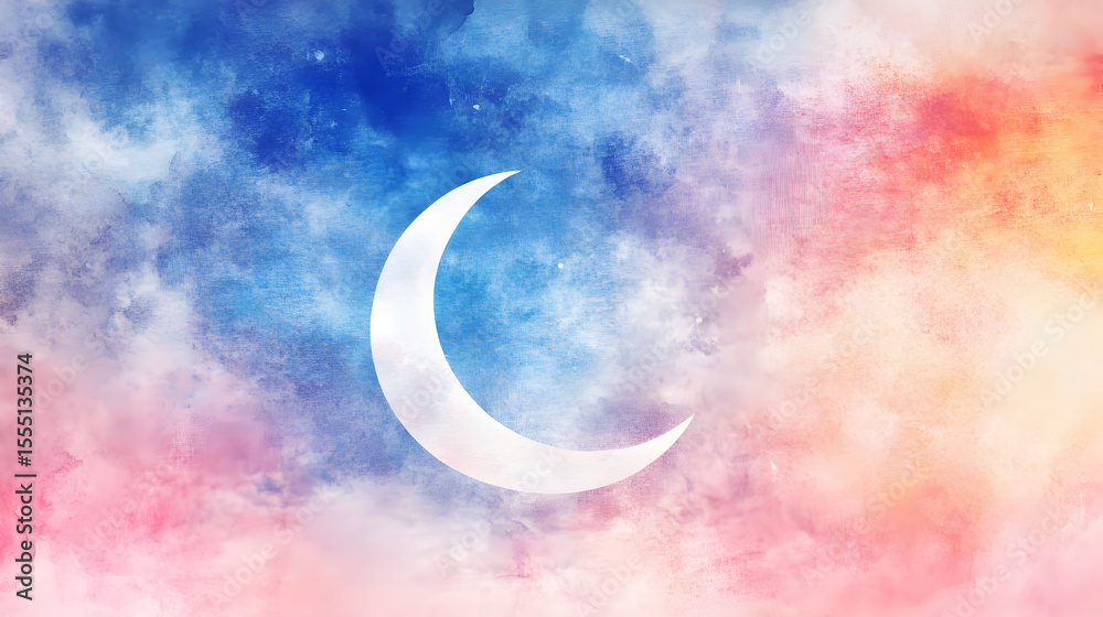 Fototapeta premium un diseño de una luna dibujada sobre un fondo de cielo con nubes de colores pintadas en acuarela coloridas diseño elegante abstracto con espacio de copia