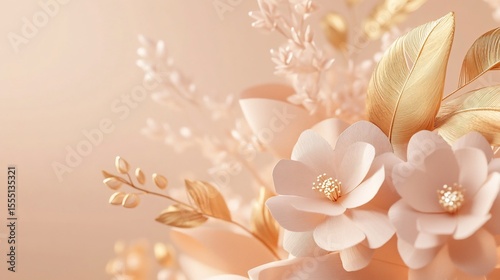 Delicate bouquet of pastel pink flowers and golden leaves