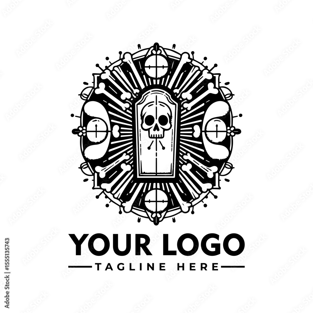 Fototapeta premium Circular logo design featuring a skull and bones, surrounded by a mandala-like pattern.