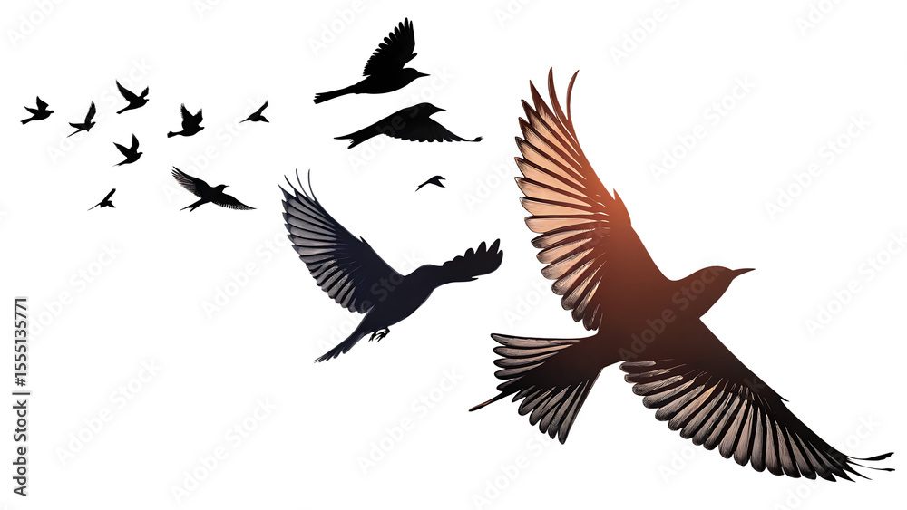 Obraz premium Flying birds silhouettes isolated on a white background PNG.AI GENERATED 