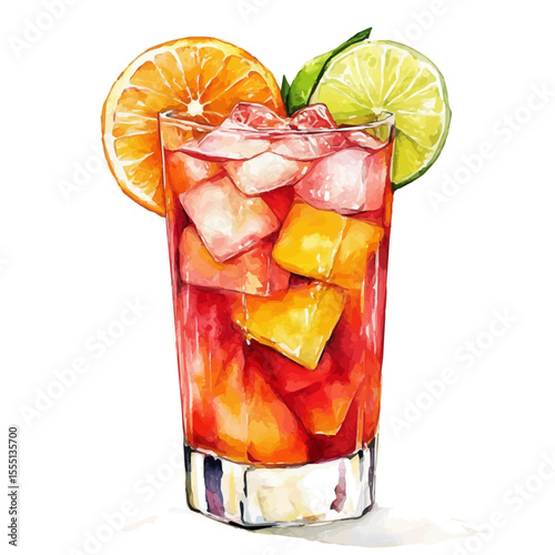 Tropical Drink Citrus Ice, watercolor illustration vector, isolated on a white background.
