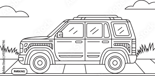 SUV car parked roadside line art illustration, black and white urban vehicle drawing with sidewalk, grass, and clouds for transport themes