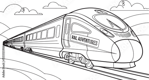 High-speed bullet train line art illustration, black and white modern railway transportation design for travel, transit, and infrastructure themes
