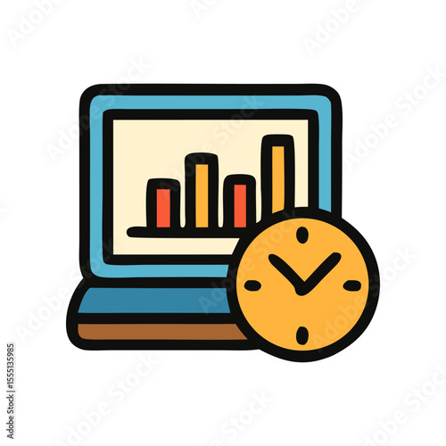 Productivity tool laptop with bar graph and clock for project progress and time management. Great for business presentations and infographics.