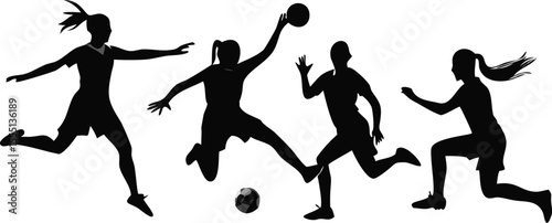 Silhouette Illustration of Female Soccer Players in Action Demonstrating Teamwork Skill and Athleticism on a White Background Dynamic and Energetic