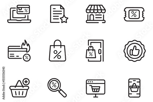 Online Shopping, Sales, and Discounts Line Icon Set