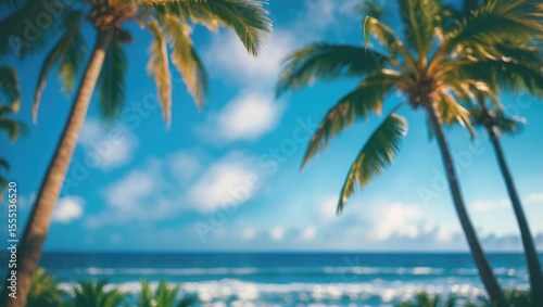 Tropical beach scene with palm trees under a blue sky with clouds. Relaxing vacation destination, ocean view, sunny weather, nature landscape.