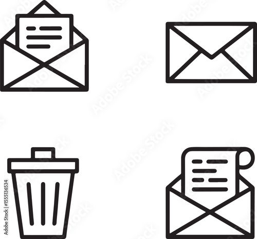 Collection of Mail and Waste Icons Representing Communication, Correspondence, and Recycling, Clean Design, Modern Simplicity and Minimalist Graphics