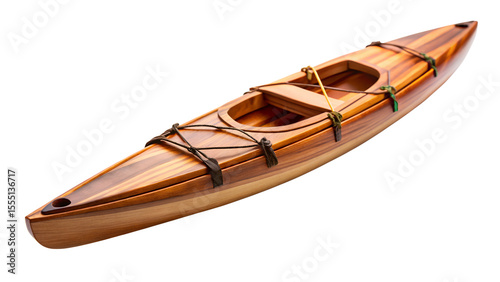 An exquisite wooden kayak craft glistens with a beautiful natural grain finish, showcasing artisanal craftsmanship and adventurous potential on black background.