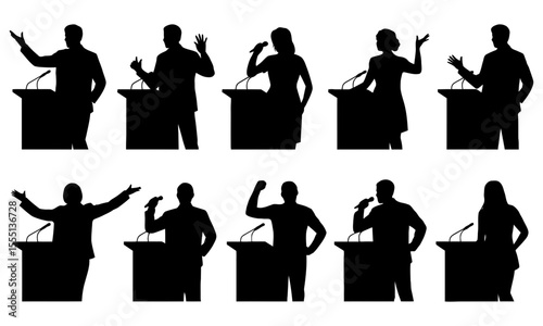 Silhouetted speakers at podiums giving talks