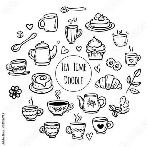 Herbal Tea Time Doodles. Minimalist Line Icons of Tea Rituals and Ingredients