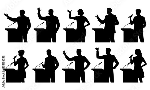Silhouetted speakers at podiums giving talks