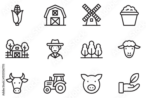 Farming, Agriculture, and Rural Life Line Icon Set