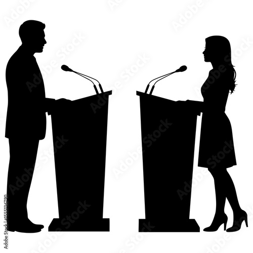 Silhouettes of speakers at two podiums