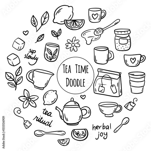 Herbal Tea Time Doodles. Minimalist Line Icons of Tea Rituals and Ingredients