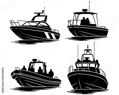Four different boats in black silhouette