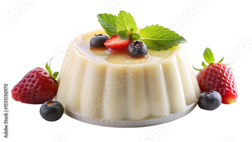 Exquisite panna cotta dessert, garnished with fresh strawberries, blueberries, and mint leaves, on a transparent background, perfect for culinary creations.