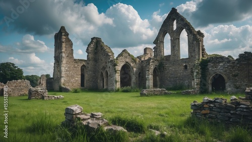 Ruins of an old stone building with arches and windows in a green field under a cloudy sky.