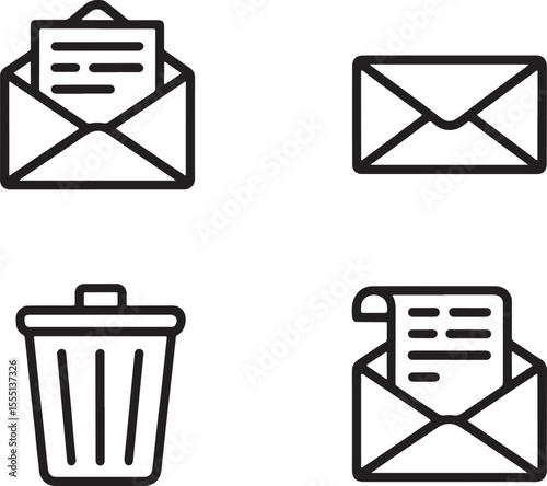 Set of Simple Line Icons Depicting Email Communication Featuring Open and Closed Envelopes and a Trash Can for Deletion