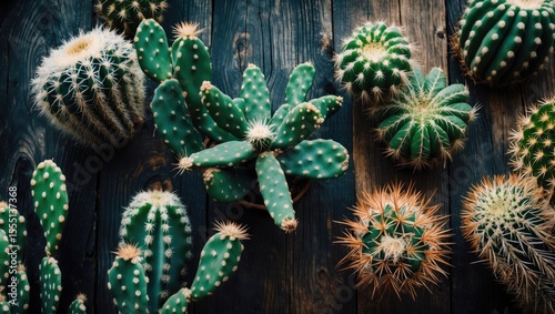 Various types of cacti arranged on a wooden surface.