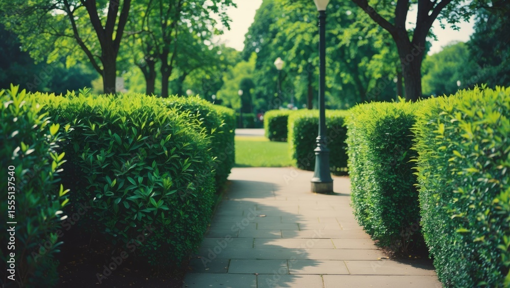 Fototapeta premium A peaceful park walkway surrounded by lush green bushes and tall trees during daytime.