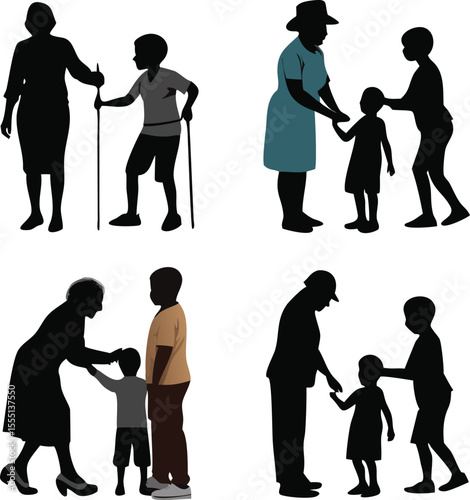 Silhouettes Depicting Intergenerational Relationships and Family Bonds Between Grandparents and Grandchildren Showing Support Guidance and Love in Various Scenarios on a White Background