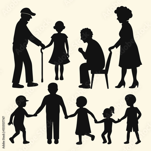 Silhouettes of Multiple Generations of a Family Together Including Grandparents Parents and Children Depicting Family Relationships and Generational Connections in a Simple Vector Illustration