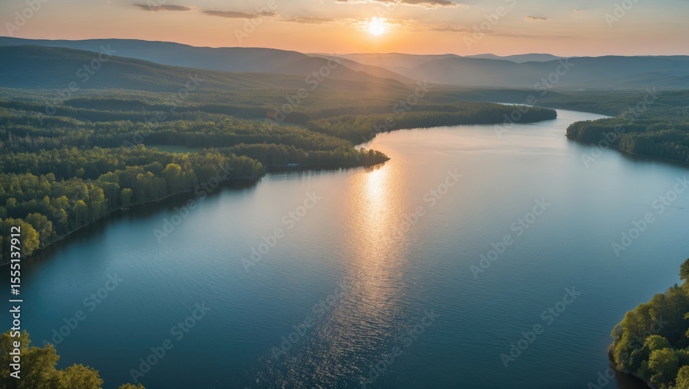 Fototapeta premium Sunset over a river with forested banks and distant mountains.