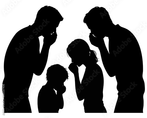 Silhouette of a family with hands to face