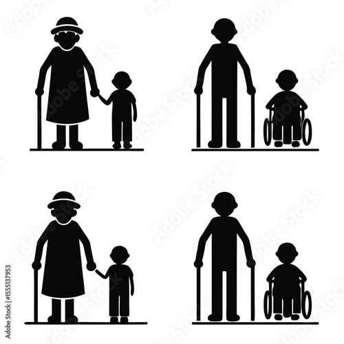Pictogram Set Depicting Intergenerational Relationships and Disability with Grandparent Holding Grandchild s Hand and Parent with Child in Wheelchair for Accessibility