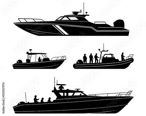Silhouettes of multiple boats on white background