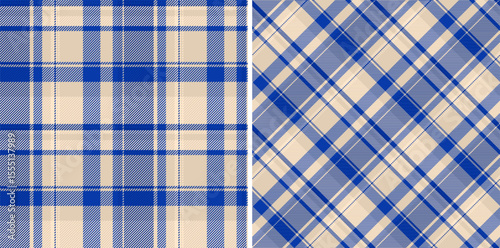 Elegant blue and beige plaid patterns, perfect for textile design, fashion, or website backgrounds.  Versatile textures offer a classic, yet modern feel, evoking comfort and sophistication.
