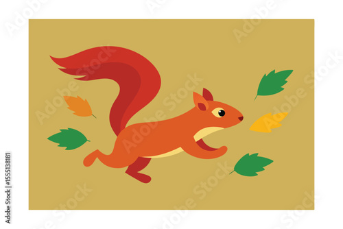 Cartoon Squirrel amidst Autumn Leaves: A cute cartoon squirrel bounds playfully through falling autumn leaves, its bushy tail held high. A colorful nature scene full of fun and joy.