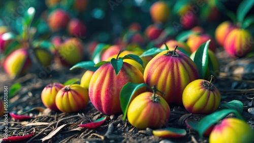 Colorful apples on the ground with green leaves and soil, vibrant and fresh, emphasizing ripe fruit and nature.
